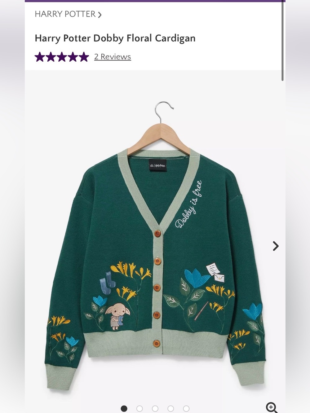 HARRY POTTER Embroidered Cardigan Sweater Womens Sz Med Dobby is Free Green Knit